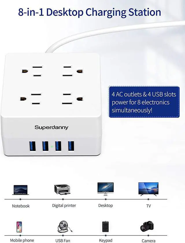Alt view image 3 of 7 - SUPERDANNY Power Strip Surge Protector 5 Ft Extension Cord with 4 Outlets & 4 USBs 900 Joules Overload Switch Grounded Mountable Desktop Charging Station