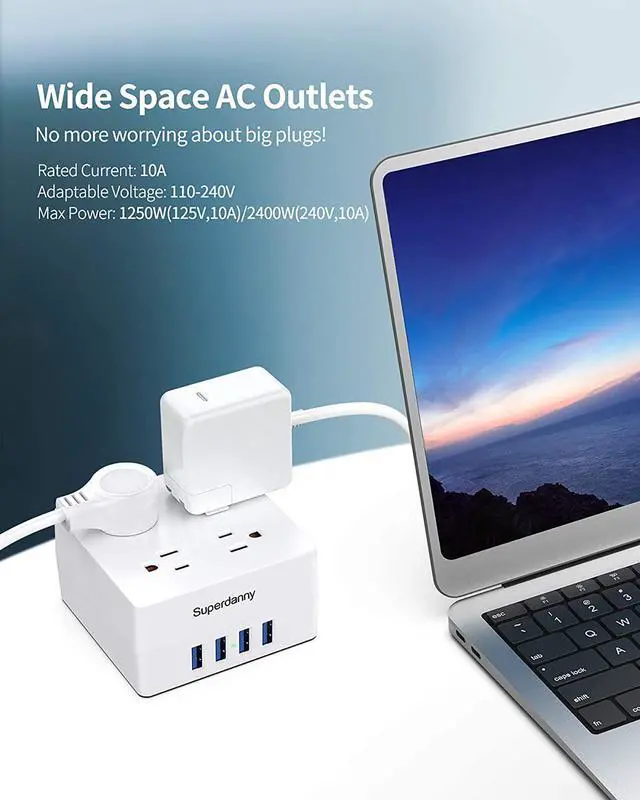 Alt view image 4 of 7 - SUPERDANNY Power Strip Surge Protector 5 Ft Extension Cord with 4 Outlets & 4 USBs 900 Joules Overload Switch Grounded Mountable Desktop Charging Station