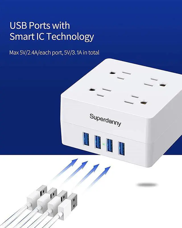 Alt view image 5 of 7 - SUPERDANNY Power Strip Surge Protector 5 Ft Extension Cord with 4 Outlets & 4 USBs 900 Joules Overload Switch Grounded Mountable Desktop Charging Station