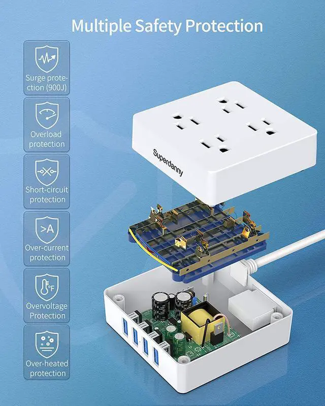 Alt view image 6 of 7 - SUPERDANNY Power Strip Surge Protector 5 Ft Extension Cord with 4 Outlets & 4 USBs 900 Joules Overload Switch Grounded Mountable Desktop Charging Station