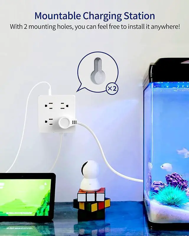 Alt view image 7 of 7 - SUPERDANNY Power Strip Surge Protector 5 Ft Extension Cord with 4 Outlets & 4 USBs 900 Joules Overload Switch Grounded Mountable Desktop Charging Station