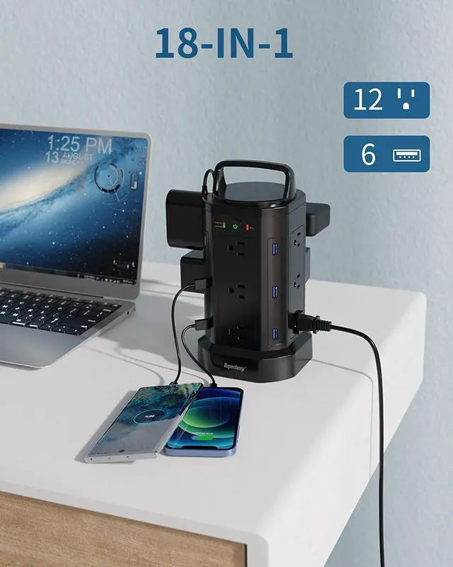 Alt view image 2 of 7 - SUPERDANNY Power Strip Tower Handle Cord Retracting, 2100J Surge Protector, 12 Widely Spaced AC Outlets 6 USBs Charger Station, 6.5ft Extension Cord