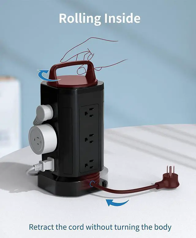 Alt view image 3 of 7 - SUPERDANNY Power Strip Tower Handle Cord Retracting, 2100J Surge Protector, 12 Widely Spaced AC Outlets 6 USBs Charger Station, 6.5ft Extension Cord