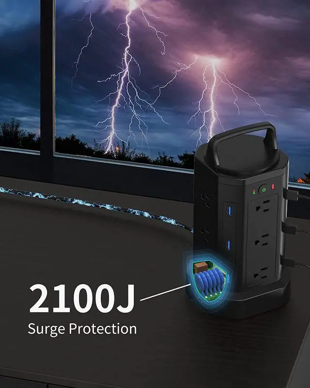 Alt view image 4 of 7 - SUPERDANNY Power Strip Tower Handle Cord Retracting, 2100J Surge Protector, 12 Widely Spaced AC Outlets 6 USBs Charger Station, 6.5ft Extension Cord