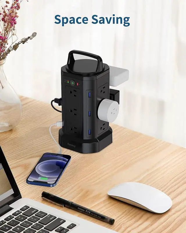 Alt view image 6 of 7 - SUPERDANNY Power Strip Tower Handle Cord Retracting, 2100J Surge Protector, 12 Widely Spaced AC Outlets 6 USBs Charger Station, 6.5ft Extension Cord
