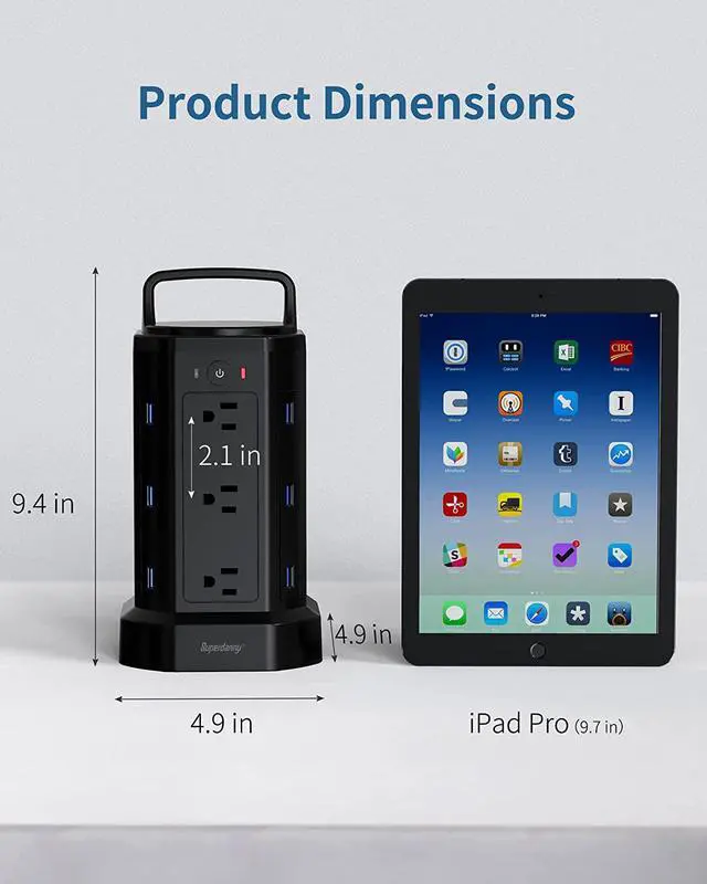 Alt view image 7 of 7 - SUPERDANNY Power Strip Tower Handle Cord Retracting, 2100J Surge Protector, 12 Widely Spaced AC Outlets 6 USBs Charger Station, 6.5ft Extension Cord