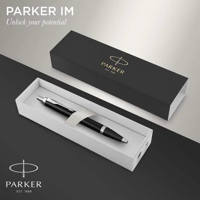 Alt view image 2 of 7 - Parker IM Ballpoint Pen, Black Lacquer Chrome Trim with Medium Point Blue Ink Refill (1931665)