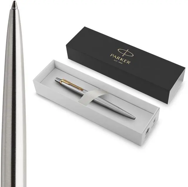 Main image of Parker Jotter Ballpoint Pen, Stainless Steel with Golden Trim, Medium Point, Blue Ink, Gift Box - Smooth Writing, Sleek, Polished, Professional, Desk Essentials