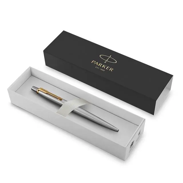 Alt view image 2 of 7 - Parker Jotter Ballpoint Pen, Stainless Steel with Golden Trim, Medium Point, Blue Ink, Gift Box - Smooth Writing, Sleek, Polished, Professional, Desk Essentials