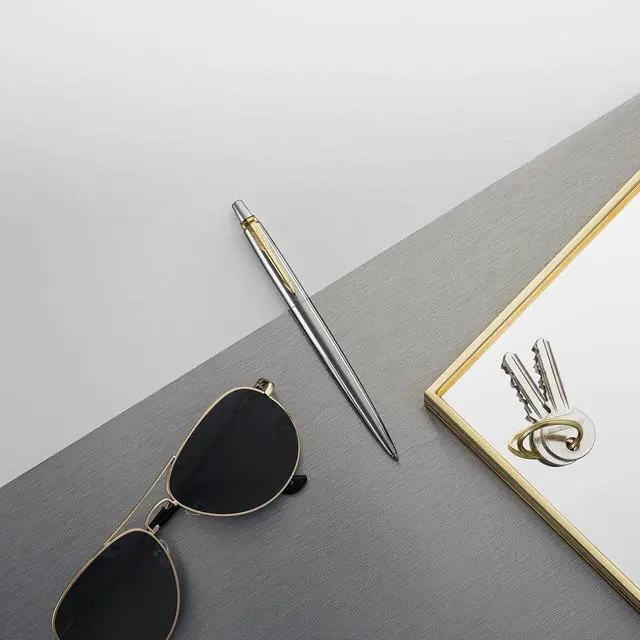 Alt view image 5 of 7 - Parker Jotter Ballpoint Pen, Stainless Steel with Golden Trim, Medium Point, Blue Ink, Gift Box - Smooth Writing, Sleek, Polished, Professional, Desk Essentials
