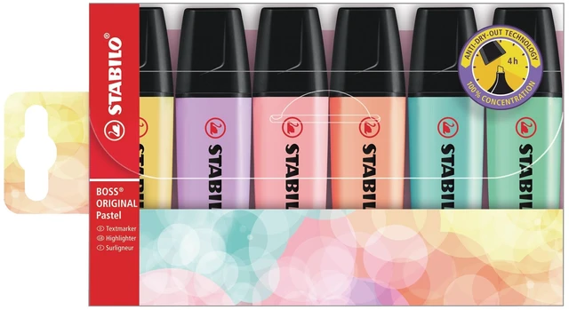 Main image of highlighter BOSS ORIGINAL Pastel pack of 6, pudriges Gelb, cremige Pfirsichfarbe, Rosy Rouge, Shimmer of Purple, Touch of Mint Green, zartes Türkis