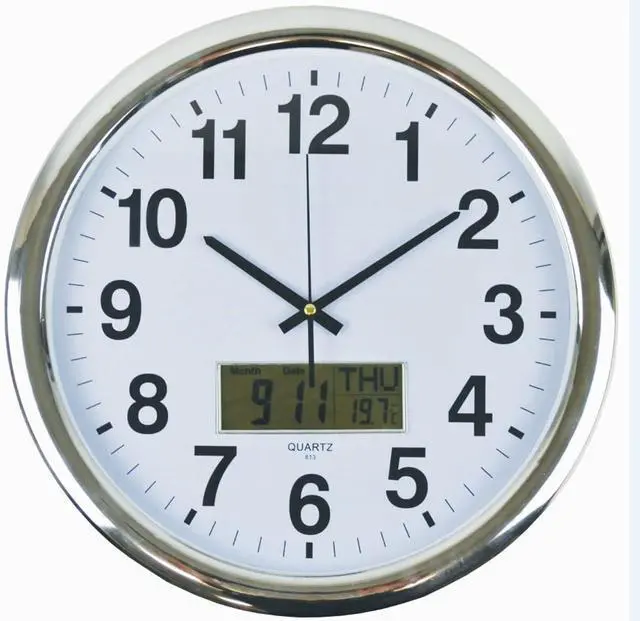 Main image of Italplast Wall Clock with LCD & Temp, Chrome Frame/White Face, 43 cm