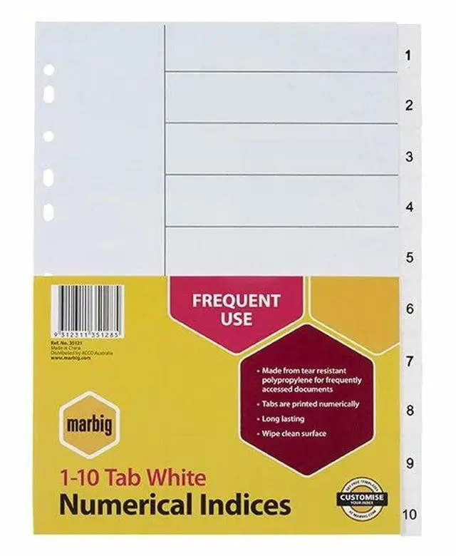Main image of Marbig 35121 Indices PP A4 1-10 Tab White