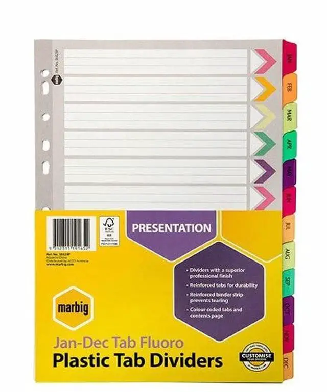 Main image of Marbig 36029F Dividers Reinforced Manilla A4 Fluoro Jan-Dec Tab White