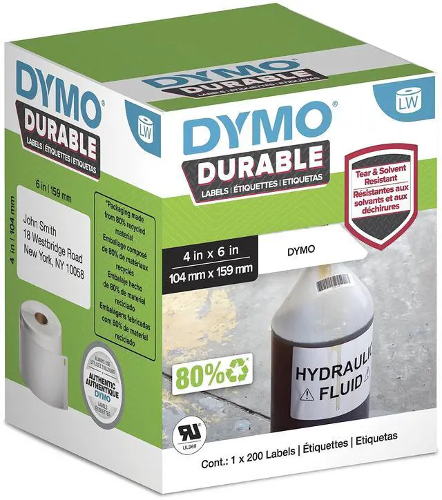 Main image of DYMO LW Durable Industrial Labels for LabelWriter 4XL Label Printers, White Poly, 4-1/16 x 6-1/4, Roll of 200 (1933086)