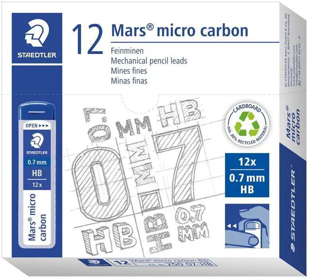 Main image of Staedtler Mars Micro Carbon Mechanical Pencil Refills, Tube of 12 0.7mm, Pack of 12 Tubes, HB Medium Point Graphite Leads, 250 07-HB