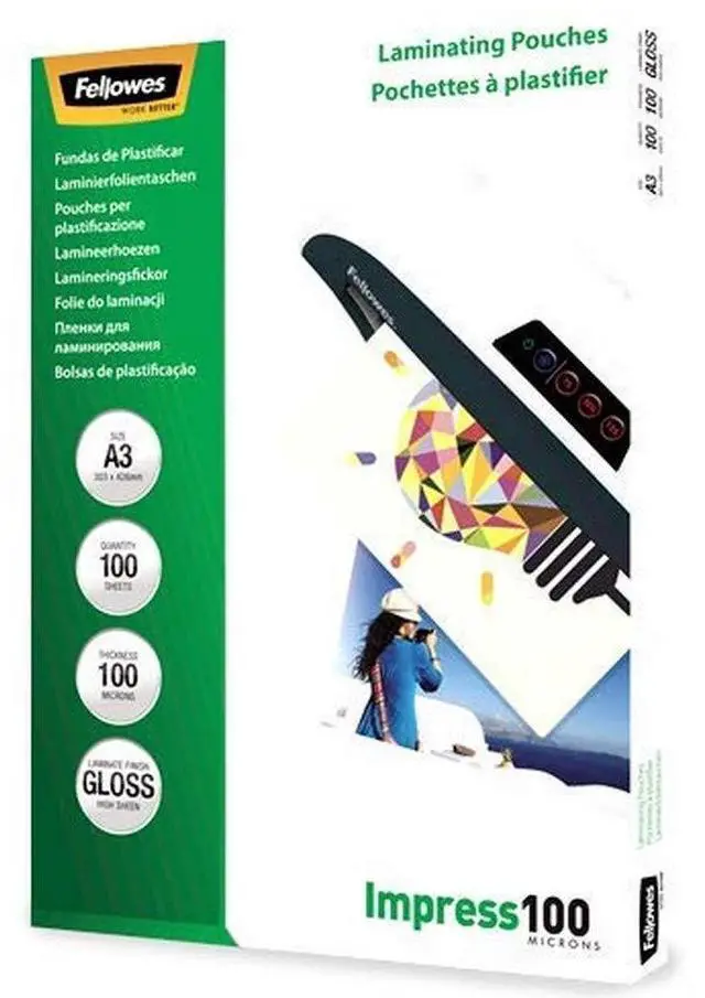 Main image of Fellowes ImageLast Laminating Pouches (80 microns, DIN A4, Pack of 100) Transparent und Laminating Pouches (Impress 100 microns, DIN A4), Pack of 100 A3 / 100 Mikron