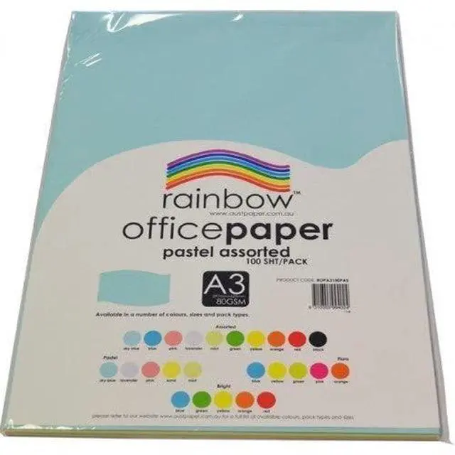 Alt view image 3 of 3 - Rainbow A3 80Gsm Office Paper 100 Sheets, Pastel Assorted