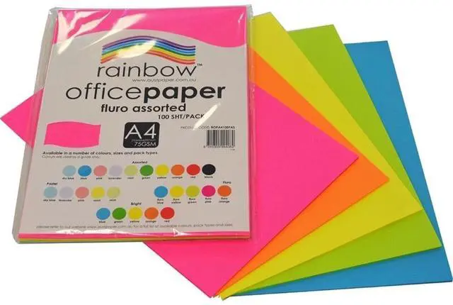 Main image of Rainbow A4 75Gsm Fluro Office Paper 100 Sheets, Assorted