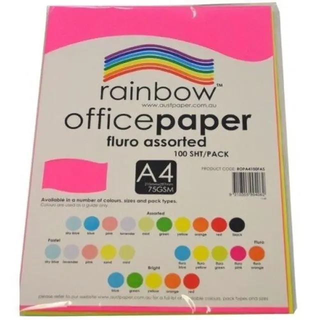Alt view image 2 of 4 - Rainbow A4 75Gsm Fluro Office Paper 100 Sheets, Assorted