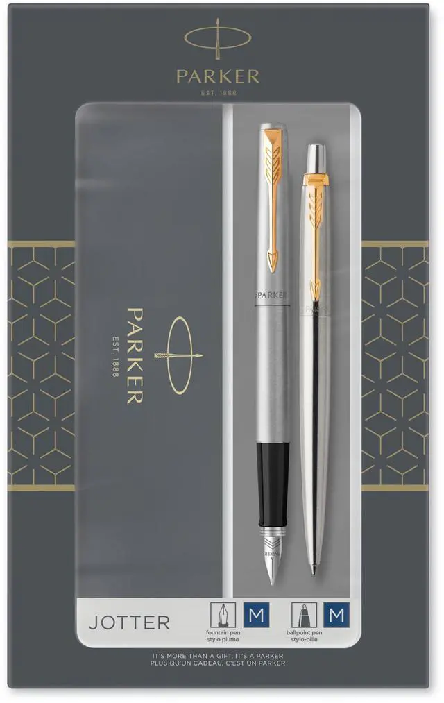 Main image of Parker Jotter Duo Gift Set with Ballpoint Pen & Fountain Pen, Stainless Steel with Gold Trim, Blue Ink Refill & Cartridges, Gift Box