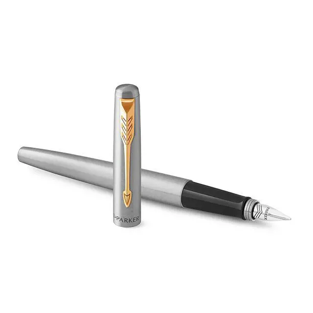 Alt view image 2 of 7 - Parker Jotter Duo Gift Set with Ballpoint Pen & Fountain Pen, Stainless Steel with Gold Trim, Blue Ink Refill & Cartridges, Gift Box