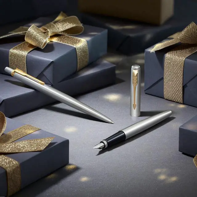Alt view image 4 of 7 - Parker Jotter Duo Gift Set with Ballpoint Pen & Fountain Pen, Stainless Steel with Gold Trim, Blue Ink Refill & Cartridges, Gift Box