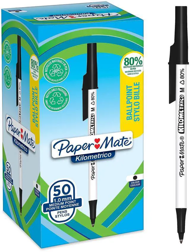 Main image of Paper Mate Kilometrico Ballpoint Pens | Long Writing with Medium Point (1.0mm) | Black Ink | 80% Recycled Plastic | 50 Count