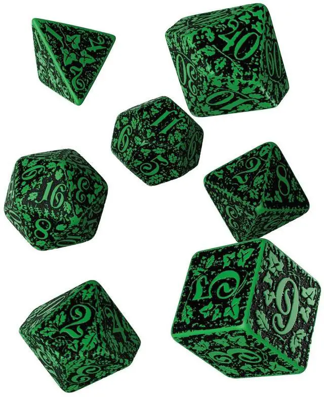 Main image of Q WORKSHOP Forest Engraved green & black RPG ornamented Dice Set 7 polyhedral pieces