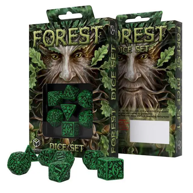 Alt view image 2 of 3 - Q WORKSHOP Forest Engraved green & black RPG ornamented Dice Set 7 polyhedral pieces