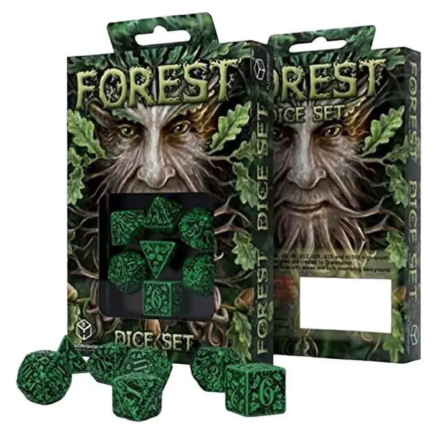 Alt view image 3 of 3 - Q WORKSHOP Forest Engraved green & black RPG ornamented Dice Set 7 polyhedral pieces
