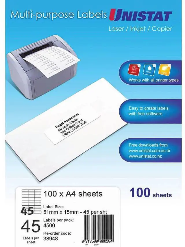 Main image of UNISTAT LIP Label UNISTAT Laser/Inkjet/Copier 45 UP 51X15MM BX100(Each)