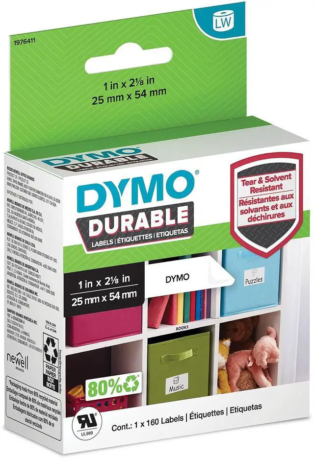 Main image of DYMO LW Durable Labels for LabelWriter Label Printers, White Poly, 1 x 2-1/8, 1 Roll of 160