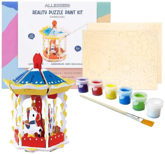 Main image of Allessimo 3D Paint Creat Puzzle (Carousel - 43pcs) Model Paint Kit with Brush Toys for Kids Puzzle Build 3D Puzzles Educational Crafts Building DIY