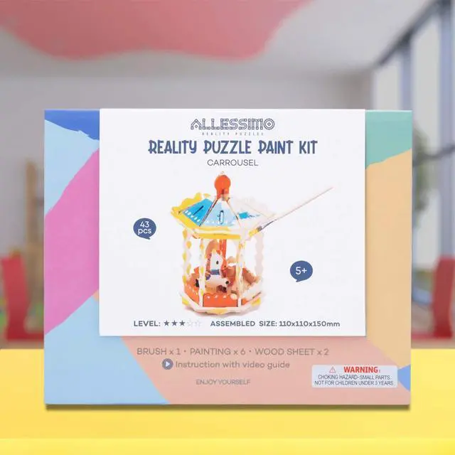 Alt view image 3 of 6 - Allessimo 3D Paint Creat Puzzle (Carousel - 43pcs) Model Paint Kit with Brush Toys for Kids Puzzle Build 3D Puzzles Educational Crafts Building DIY