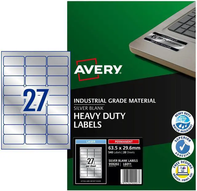 Main image of Avery L6011-20 Extra-Strong Adhesive Silver Heavy Duty Labels, 27 Labels Per A4 Sheet