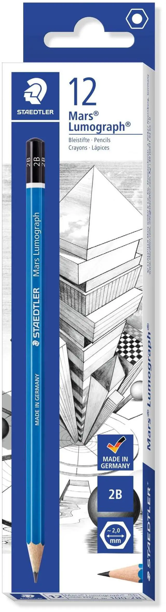 Main image of STAEDTLER Mars Lumograph 2B Graphite Art Drawing Pencil, Medium Soft, Break-Resistant Bonded Lead, 12 Pack, 100-2B (100-2B VE)