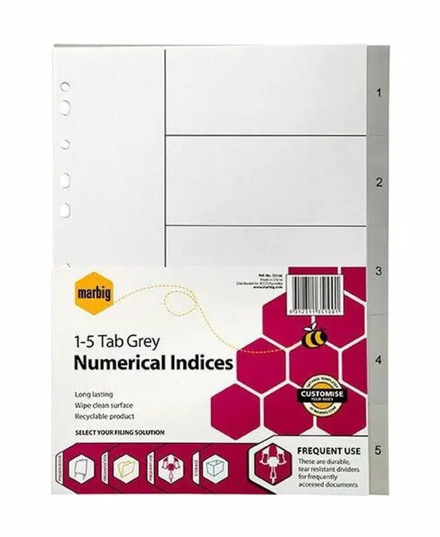 Main image of Marbig 35100 Indices PP A4 1-5 Tab Grey