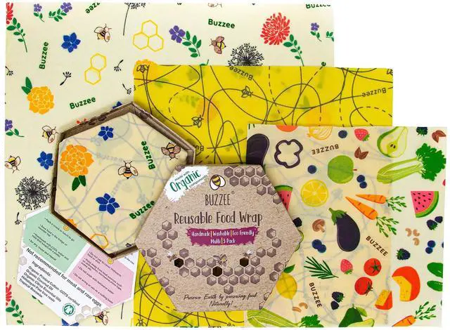 Main image of Buzzee Reusable Food Wraps - Multi 3 Pack Assorted Prints Plastic Free Organic Cotton Beeswax Food Storage