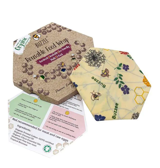Alt view image 3 of 7 - Buzzee Reusable Food Wraps - Multi 3 Pack Assorted Prints Plastic Free Organic Cotton Beeswax Food Storage