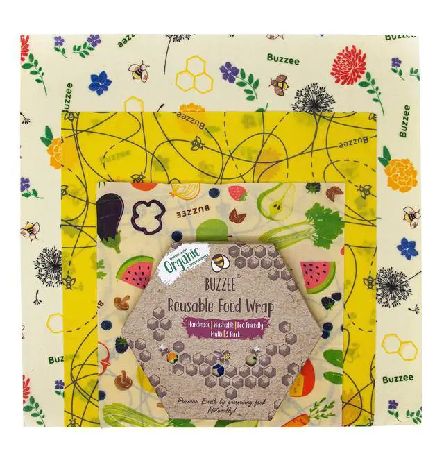 Alt view image 2 of 7 - Buzzee Reusable Food Wraps - Multi 3 Pack Assorted Prints Plastic Free Organic Cotton Beeswax Food Storage