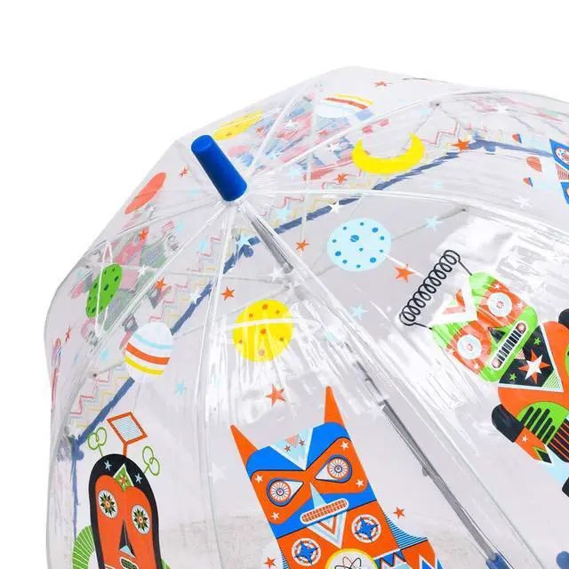 Alt view image 4 of 7 - DJECO - Transparent Dome Umbrella with Colorful Robot Design - Rain Protection - Unique Retro Robot Design - Child-Safe Mechanism - Durable and Waterproof