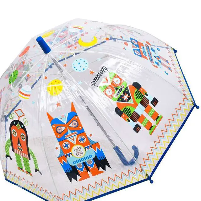 Alt view image 6 of 7 - DJECO - Transparent Dome Umbrella with Colorful Robot Design - Rain Protection - Unique Retro Robot Design - Child-Safe Mechanism - Durable and Waterproof