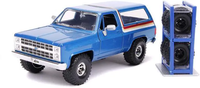 Main image of Jada Toys Just Trucks 1:24 1980 Chevy Blazer with Rack Die-cast Car Blue Metallic Stripes, Toys for Kids and Adults