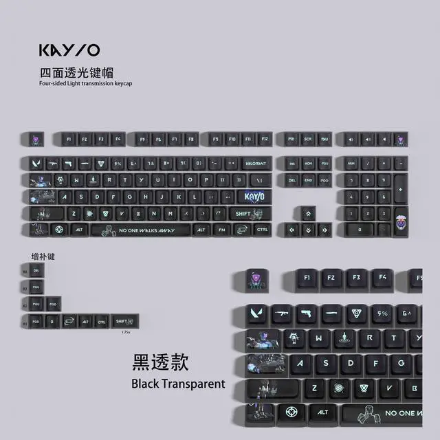 Main image of VALORANT Themed Keycaps KAY-O Black translucent on all sides PBT heat-sublimation keycaps 119 keys ASA high degree