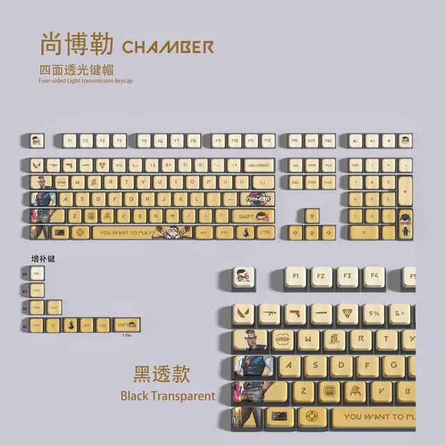 Alt view image 6 of 7 - VALORANT Themed Keycaps Chamber Black translucent on all sides PBT heat-sublimation keycaps 119 keys ASA high degree