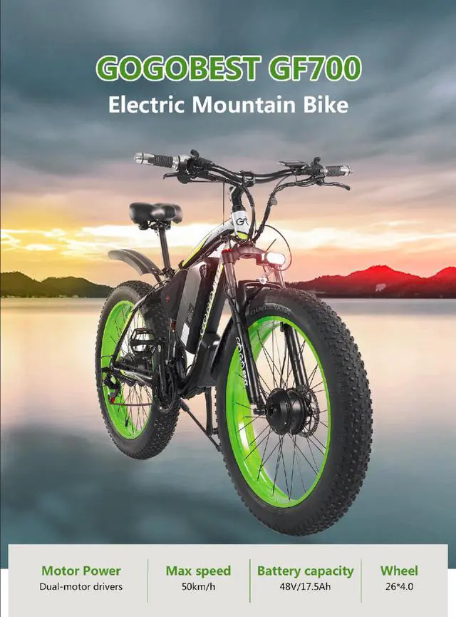 Alt view image 3 of 7 - GOGOBEST Electric Bike GF700 Electric Mountain Bike 1000W 26" Fat Tires Commuter Ebike, Adults Electric Bicycle, Shimano 21 Speed, Suspension Fork Hydraulic Brakes Green