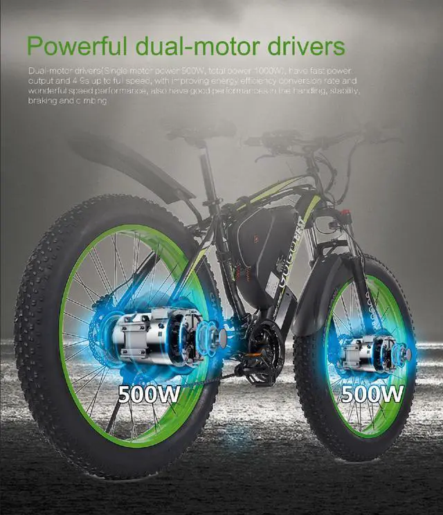 Alt view image 4 of 7 - GOGOBEST Electric Bike GF700 Electric Mountain Bike 1000W 26" Fat Tires Commuter Ebike, Adults Electric Bicycle, Shimano 21 Speed, Suspension Fork Hydraulic Brakes Green