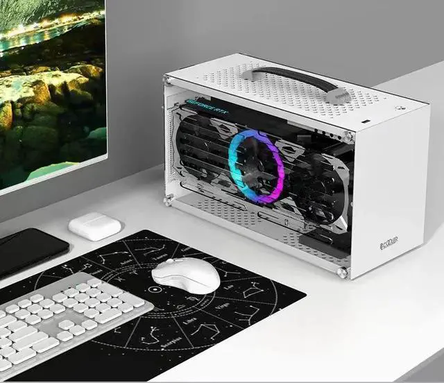 Alt view image 4 of 7 - ALAMENGDA HB-I100 Mini Portable ITX Computer Case,MINI-Tower CASE, Full Side Transparent DIY Desktop Case Leather handle,Support 325MM GPU Size, White