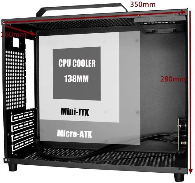 Alt view image 2 of 7 - ALAMENGDA V500 Mini Portable M-ATX/ITX Computer Case, MINI-Tower CASE, Full Side Glass Transparent DIY Desktop Case with handle, Support 320MM GPU Size, Black